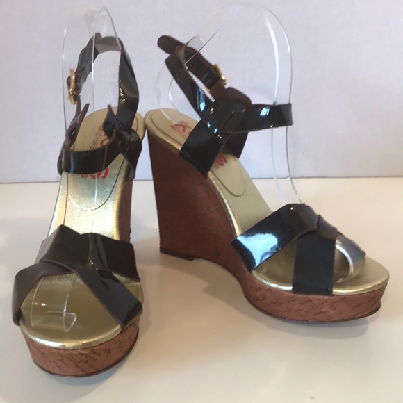 Michael Kors Brown Patent Leather Wedges Size 7 - Picture 1 of 8